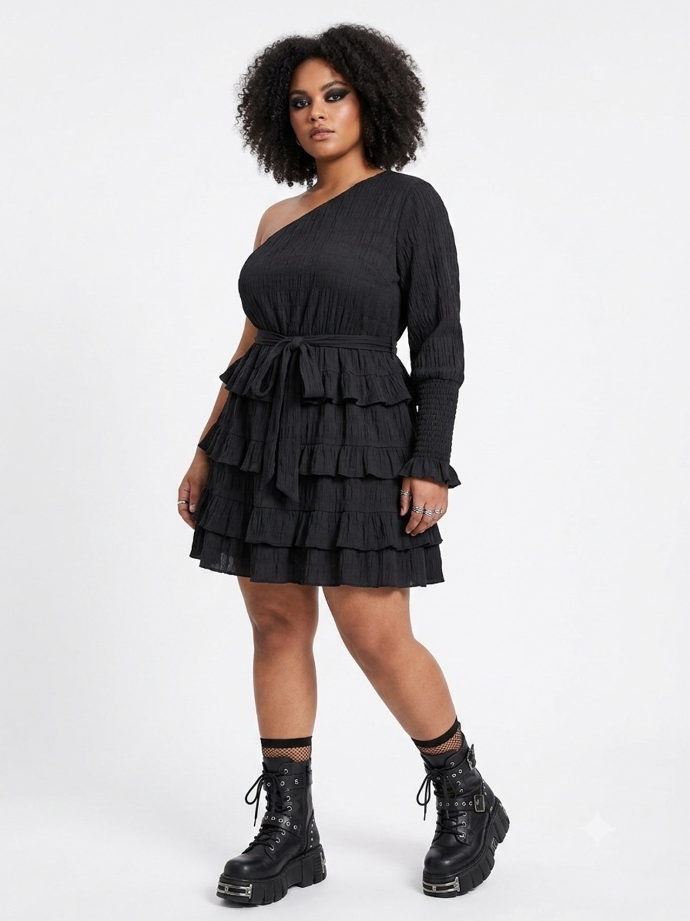 Hello Molly One-Shoulder Cotton Black Ruffle Tiered Dress w/ Optional WaistTie
